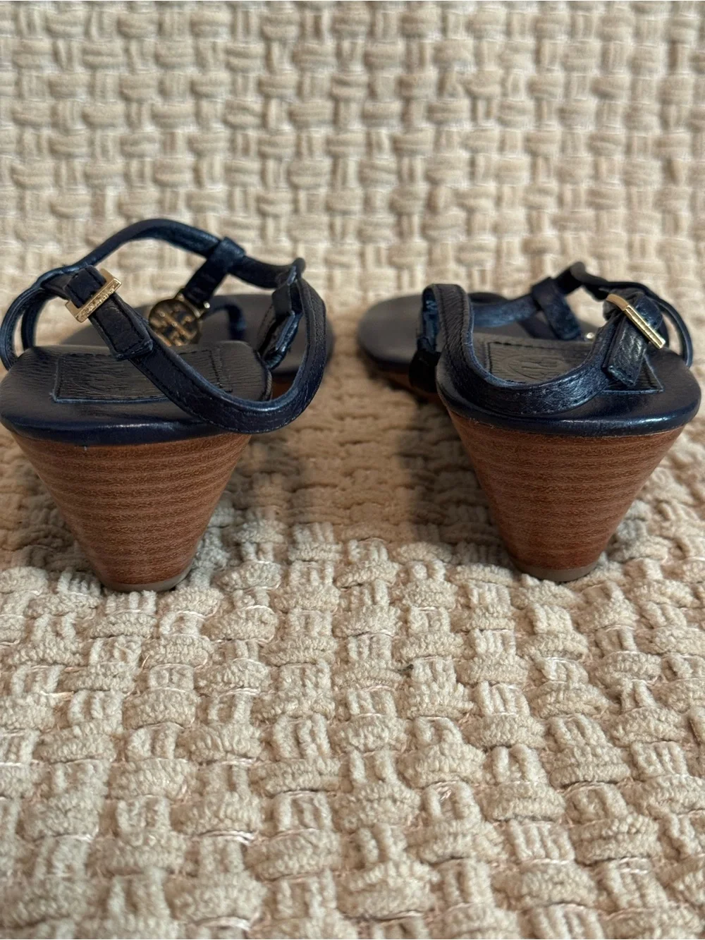 Tory Burch Navy Leather Wedge Thong Sandals with Gold Logo